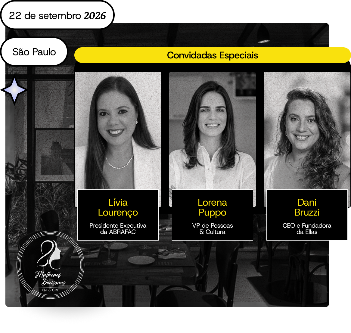 Convidadas especiais: Lívia Lourenço (Presidente Executiva da ABRAFAC), Lorena Puppo (VP de Pessoas & Cultura) e Dani Bruzzi (CEO e Fundadora da Ellas) — São Paulo, 22 de setembro de 2026